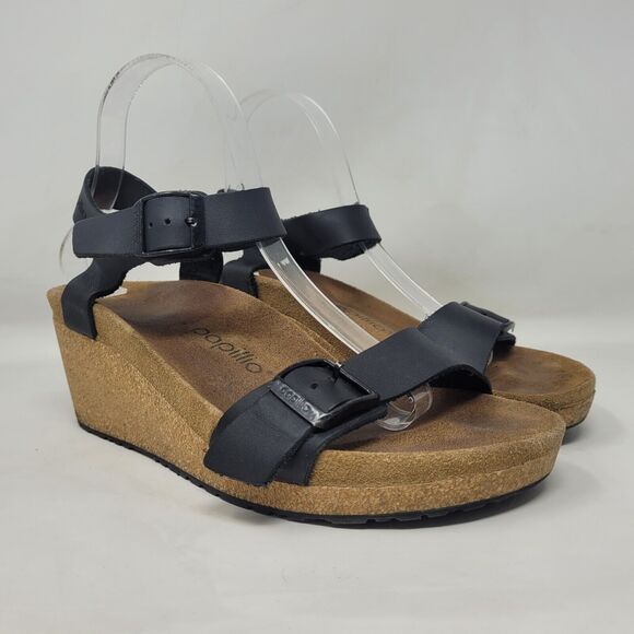 Birkenstock Shoes - Birkenstock Papillio Sandals Womens EU40 US9.5 Soley Black Leather Wedge Buckles